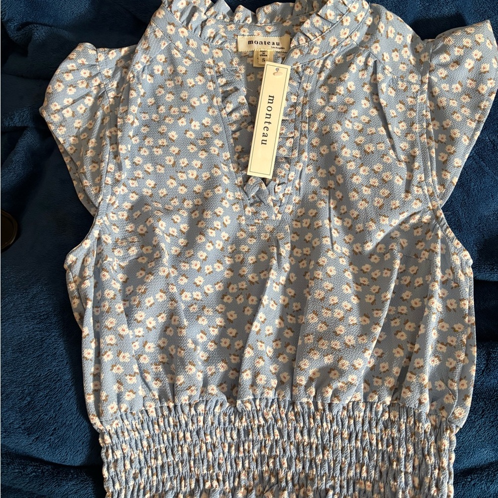 Monteau Blue Floral Ruffle Neck Blouse